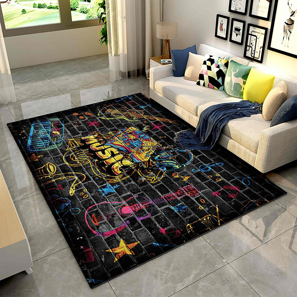 Musical Instruments Indoor Rugs, 6x9ft, Musical Note Guitar Headphone Graffiti Pattern Entryway Rugs, Absorbent Shed Resistant Reduce Noise Anti Slip Carpet for Kids Bedroom Family
