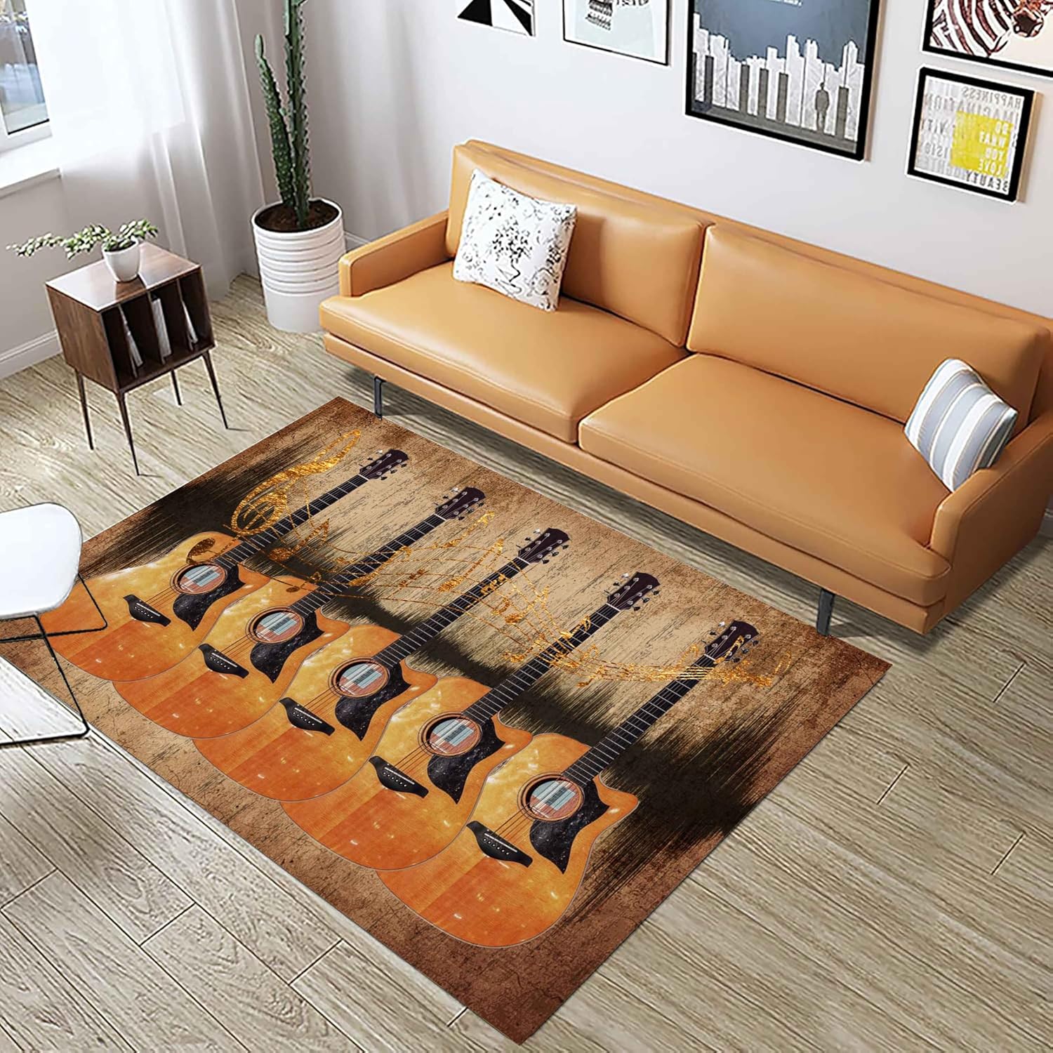 UNREASTO Music Note Area Rug, 6x8ft, Retro Brown Guitar Wood Board Background Music Decoration Rug, Washable Non-Slip Soft Rugs for Bedside Corridor Bedroom Living Room Home Decoration