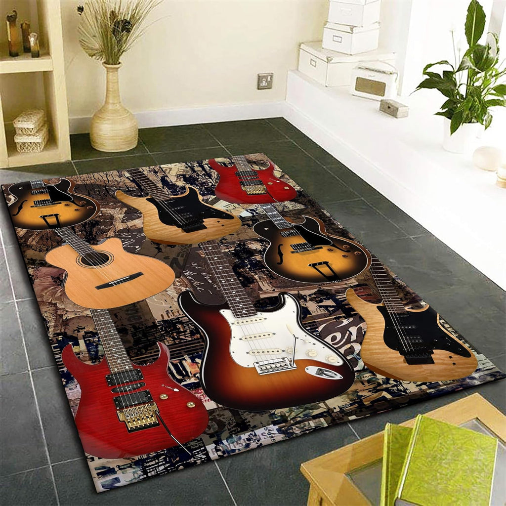 Guitar Area Rugs, 6x8ft, Retro Electric Guitar Pattern Bedroom Rug, Rock Music Instrument Reduce Noise Floor Carpet, Breathable Cozy Non-Shedding Durable Mat for Nursery Classroom