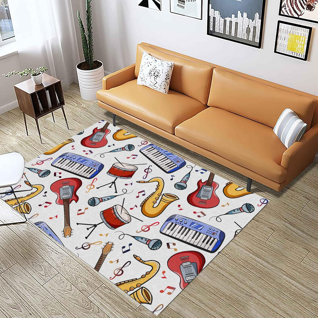UNREASTO Children's Guitar Area Rug, 6x8ft, Cartoon Instrument Drum Microphone Saxophone Pattern Living Room Rug Mat, Music Note Non-Slip Washable Rugs for Playroom Bedroom Children's Room