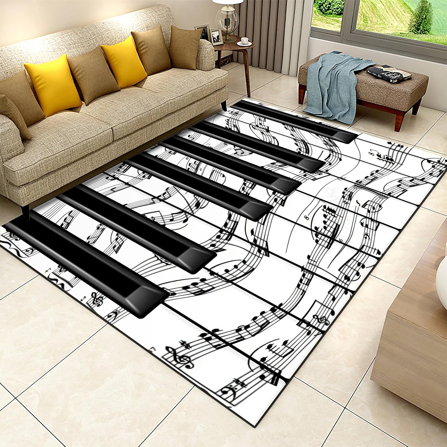 Black White Piano Key Area Rugs, 6x8ft, 3D Musical Note Melody Music Decor Mat for Studio, Foldable Machine Washable Playroom Carpet, Thin Pet Friendly Anti Slip Rug for Bedside