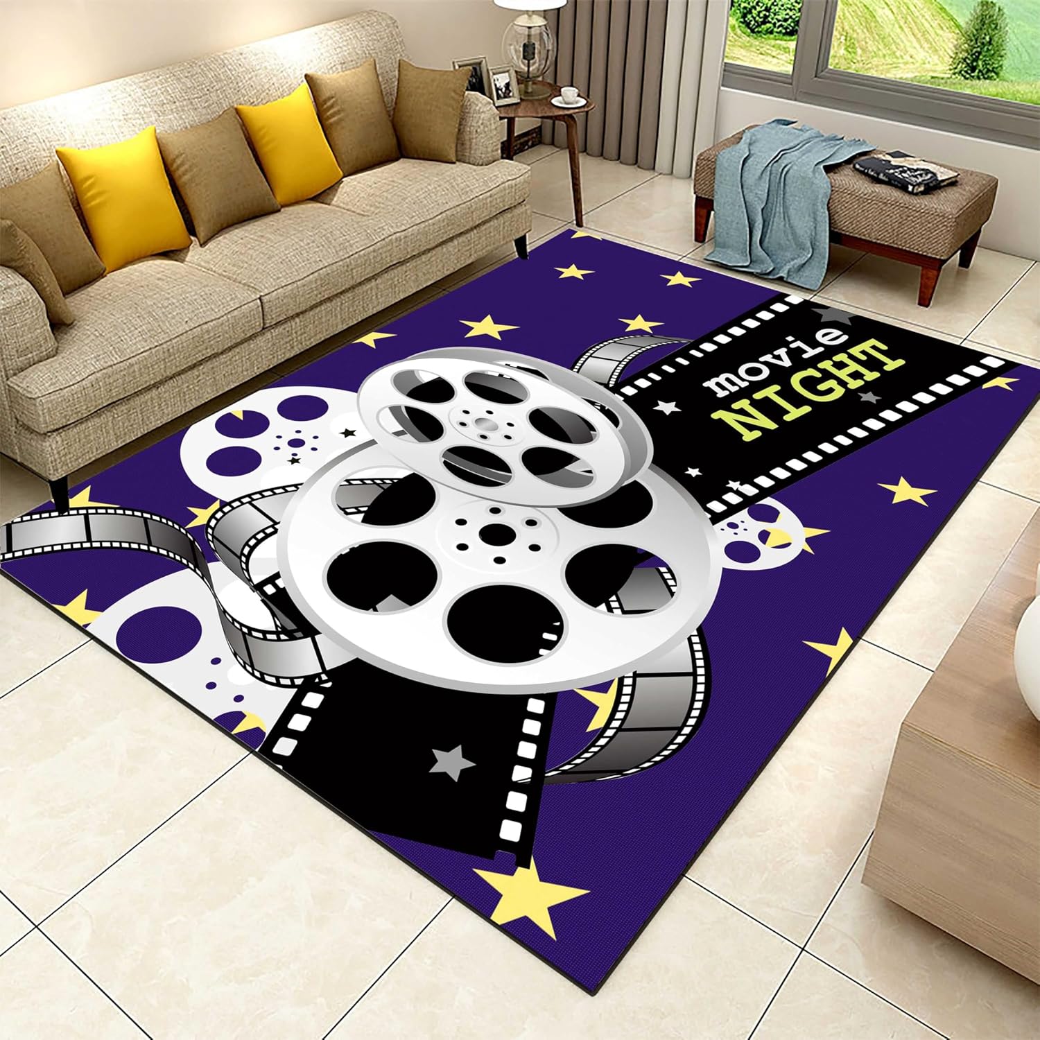 Movie Theater Decor Living Room Area Rug,6x8ft,Home Theater Floor Mat with Cinema Sign Design, Non-Slip Area Carpet Ideal for Bedroom, Kitchen, Hallway