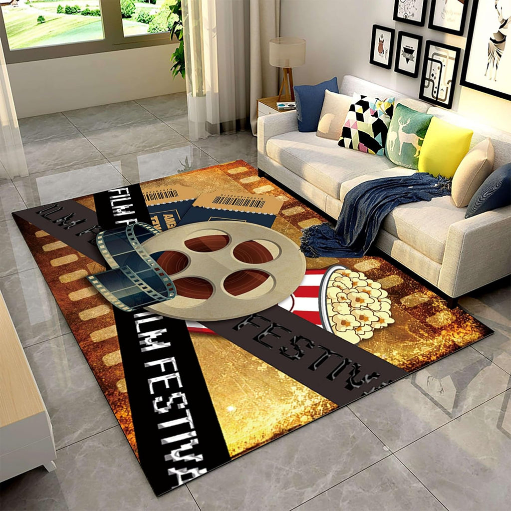 Vintage Movie Theater Area Rug, 6x8ft,Perfect For Home Theater Decor, Movie Night, Popcorn and Film Reel Design,Non-Slip Cinema Sign Floor Mat For Living Room, Bedroom, Kitchen,Country Cottage