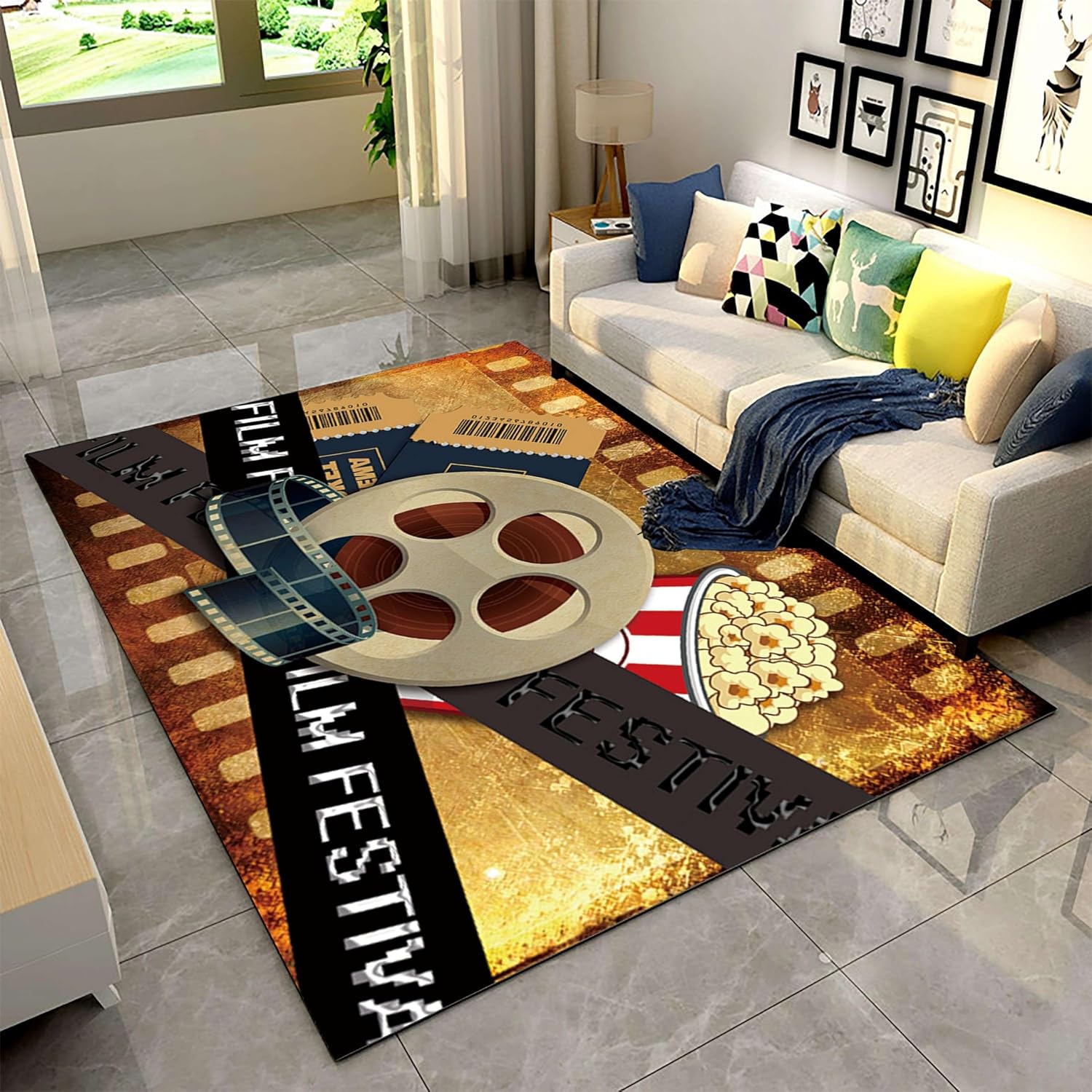 Vintage Movie Theater Area Rug, 6x8ft,Perfect For Home Theater Decor, Movie Night, Popcorn and Film Reel Design,Non-Slip Cinema Sign Floor Mat For Living Room, Bedroom, Kitchen,Country Cottage