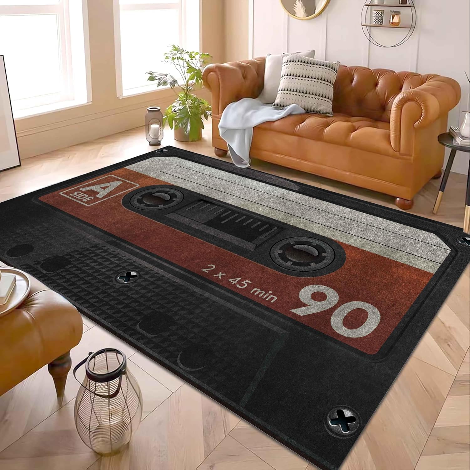 Record Area Rug 6x8ft Music Carpet for Bedroom Living Room Classroom Study Playing Non-Slip Floor Mat Carpets Vintage Shabby Black Rugs Music Room Decor for Men Home Decor