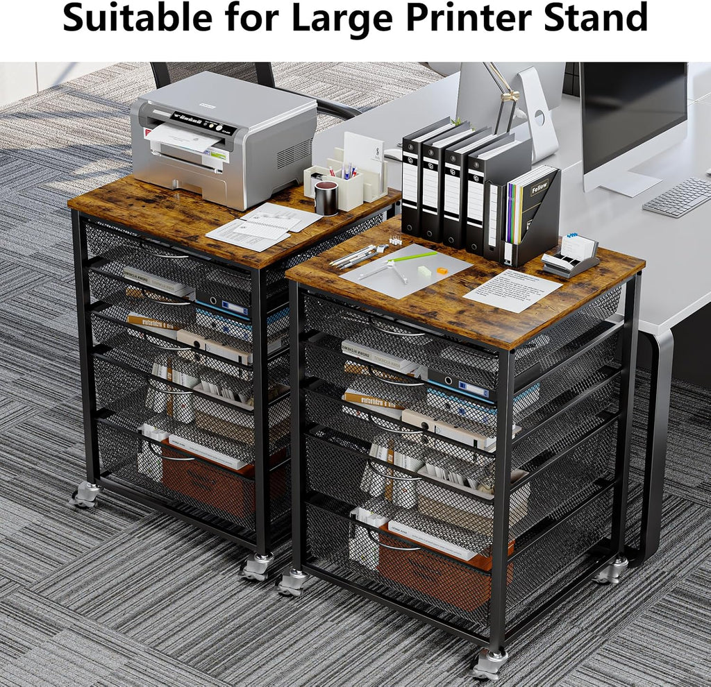 EasyCom 20.8'x18.9' Large Printer Stand with 5 Drawers- Heavy Duty Printer Table with Wheels, Laser Printer Cart for Home Office Living Room Supplies-Rustic Brown (Rustic Brown)