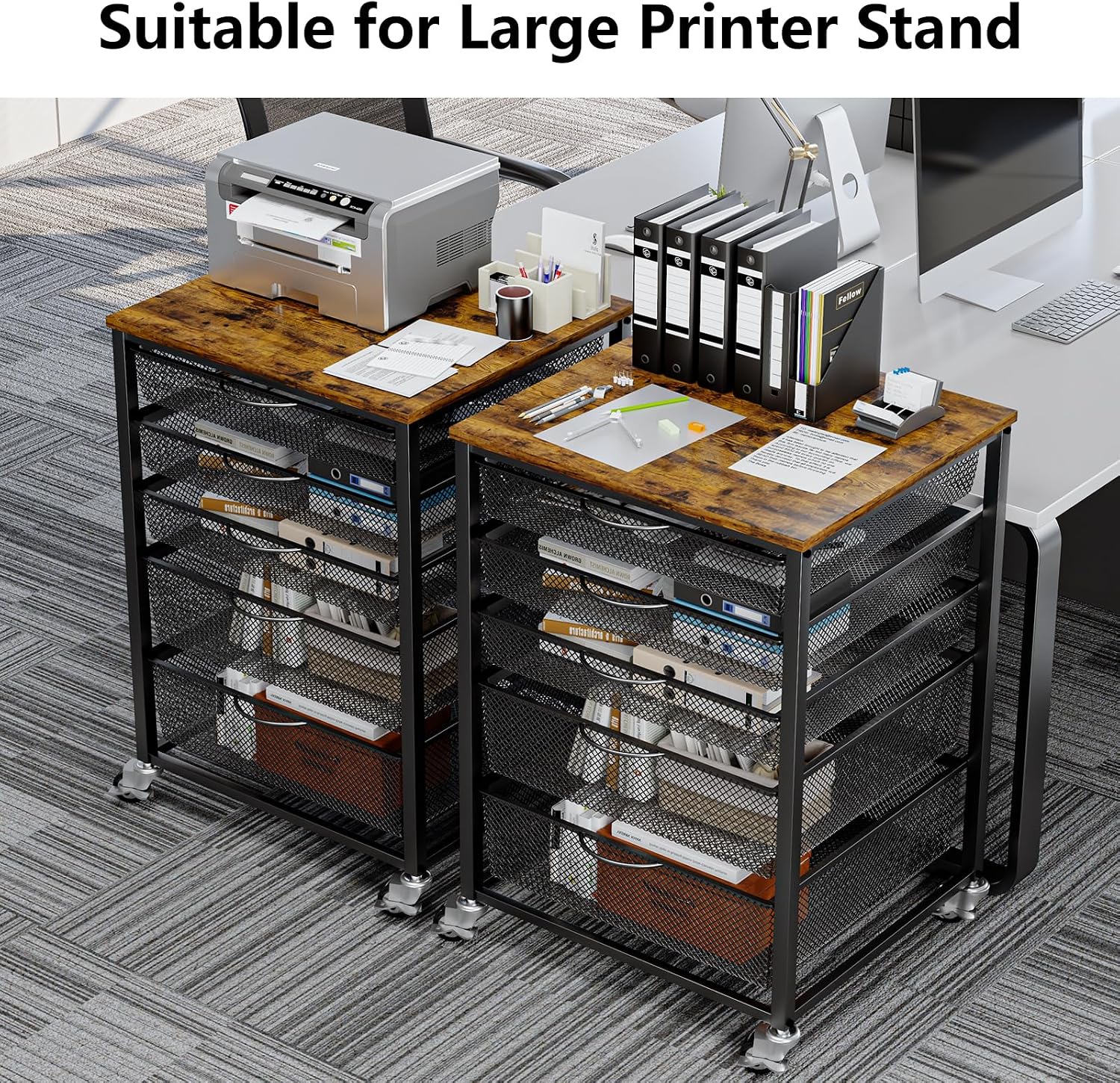 EasyCom 20.8'x18.9' Large Printer Stand with 5 Drawers- Heavy Duty Printer Table with Wheels, Laser Printer Cart for Home Office Living Room Supplies-Rustic Brown (Rustic Brown)