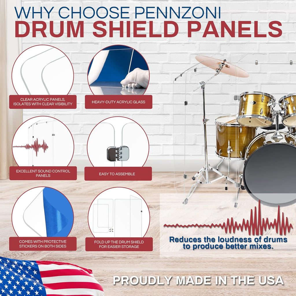 PENNZONI Drum Shield 4ft w/Deflectors & Chrome Hinges, Comes w/ 4 Drum Panels, 4 Deflectors, Chrome Hinges & Deflectors Connectors, Premium Clear Acrylic Panels
