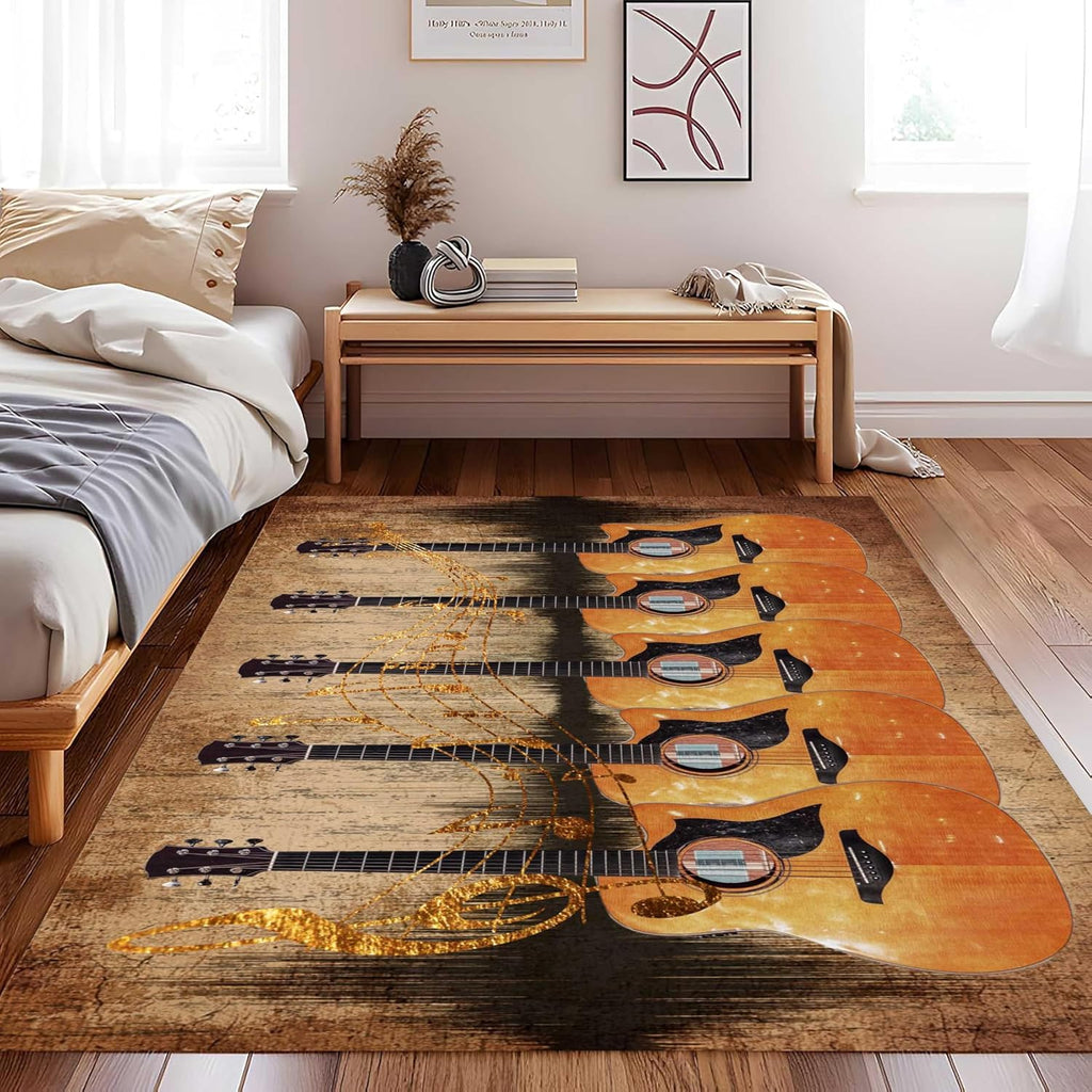 UNREASTO Music Note Area Rug, 6x8ft, Retro Brown Guitar Wood Board Background Music Decoration Rug, Washable Non-Slip Soft Rugs for Bedside Corridor Bedroom Living Room Home Decoration