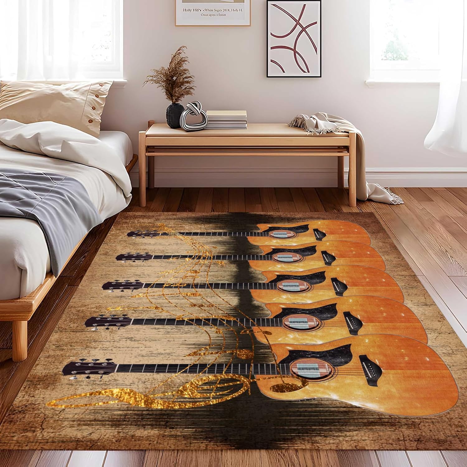 UNREASTO Music Note Area Rug, 6x8ft, Retro Brown Guitar Wood Board Background Music Decoration Rug, Washable Non-Slip Soft Rugs for Bedside Corridor Bedroom Living Room Home Decoration