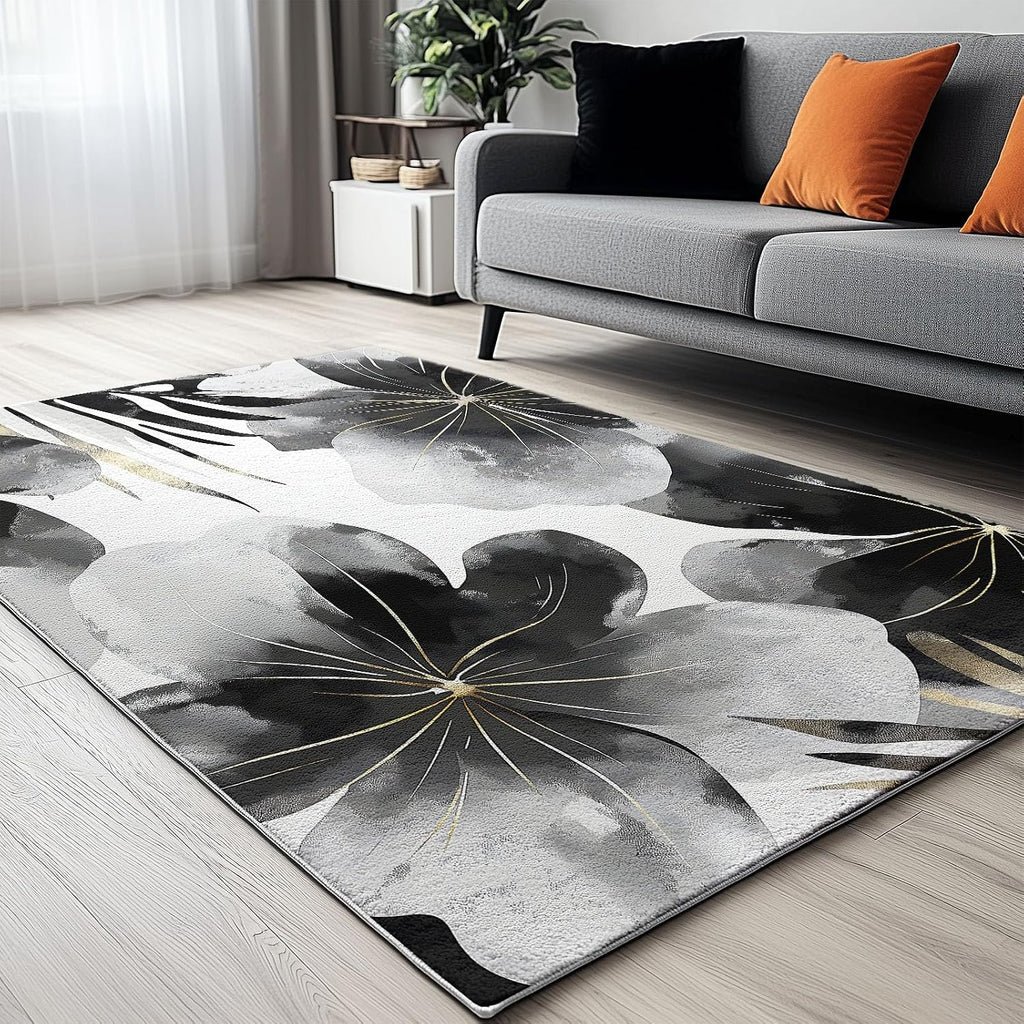 Washable Non-Slip Area Rug Resistant, Artistic Watercolor Flowers Theme for of Living Room Bedroom Kids Room, Nursery, Office, Kitchen, Black 6 x 8 ft Carpet Pet & Child Friendly