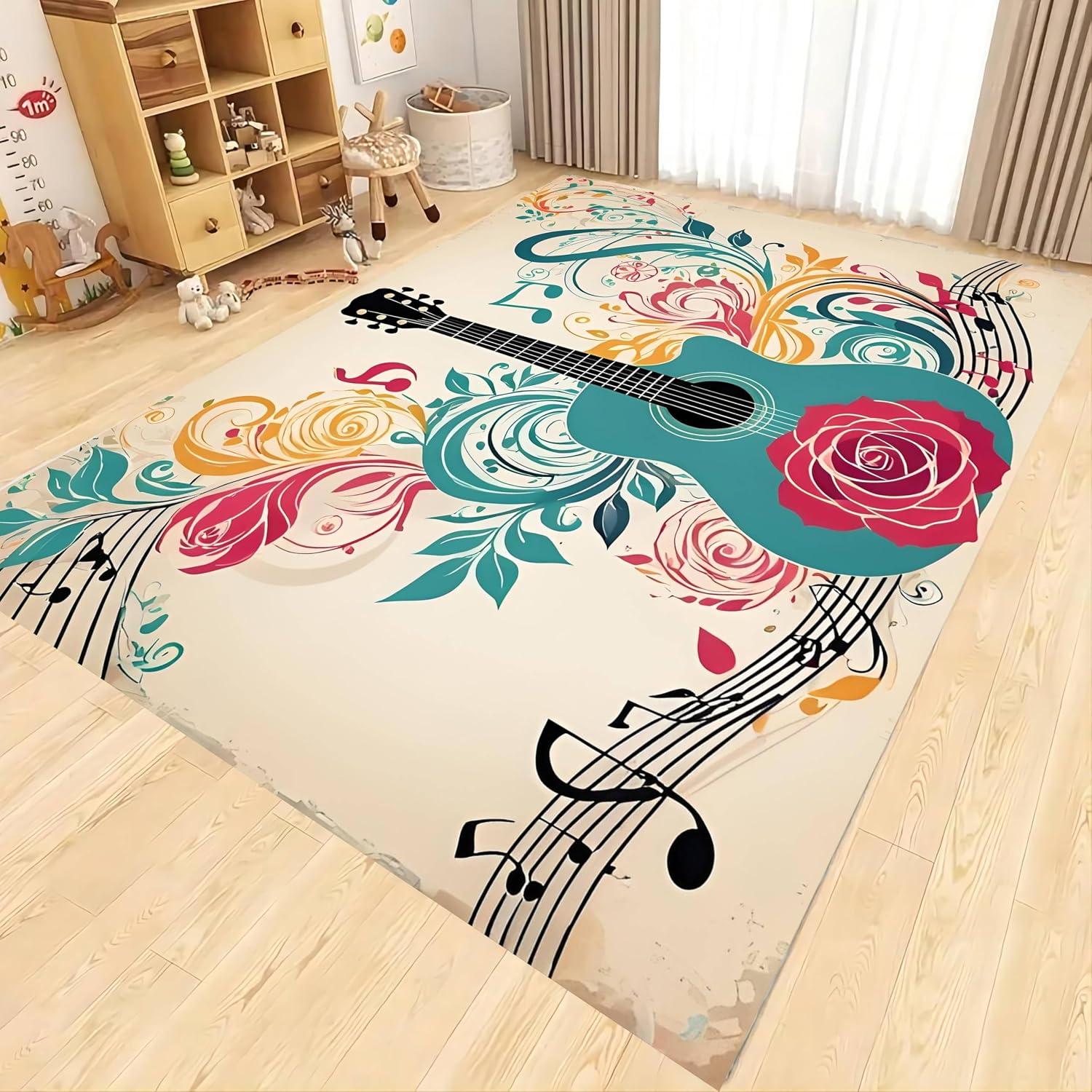 Electric Guitar Area Rug, 6x8ft Large Area Electric Guitar Home Interior Decoration Carpet，Line Art Musical Note Printed Rug, Rose Pattern Soft Low Pile Rug, Non-Slip Washable Nursery Rugs
