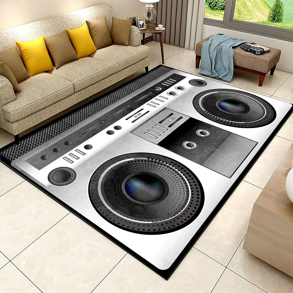 Retro Speaker Area Carpet, 6x8ft, Boombox Audio Bedroom Rug, Music Record Machine Washable Home Decor Mat, Absorbent Thin Low Pile Washable Rugs for Indoor Study Room