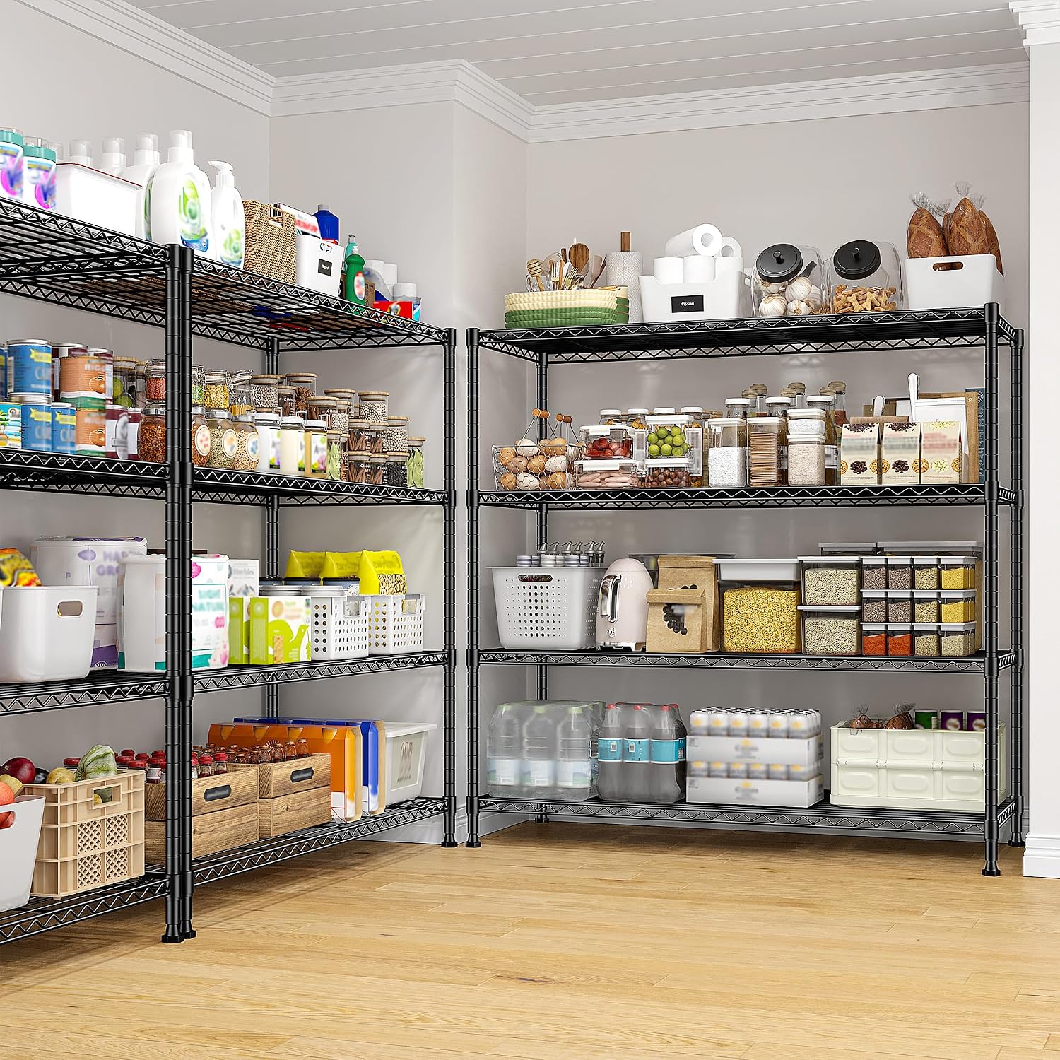 2 Set of 45 'W Metal Shelving Unit 4 Tier Storage Shelves Adjustable Wire Shelving Metal Shelf Pantry Shelves Wire Rack Commercial Shelving for Kitchen Pantry Garage 45 'W x 59.4 'Hx 13.5' D Black