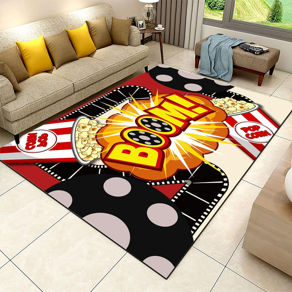 Cartoon Movie Area Rug,6x8ft,3D Cinema Object Patterned Carpet,Popcorn Theme Rugs,Kitchen Interior Non-Slip Washable Carpet Suitable for Restaurant Nursery Home Theater