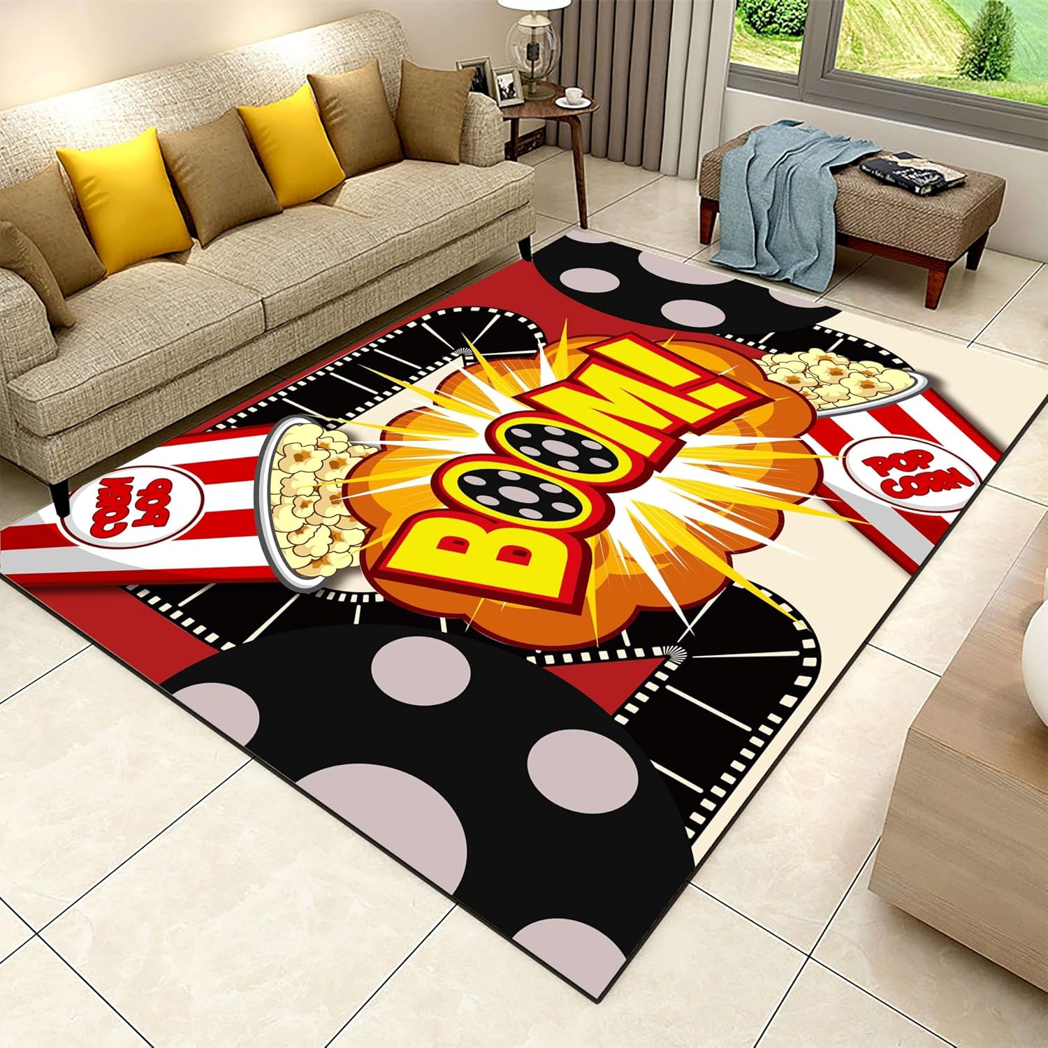 Cartoon Movie Area Rug,6x8ft,3D Cinema Object Patterned Carpet,Popcorn Theme Rugs,Kitchen Interior Non-Slip Washable Carpet Suitable for Restaurant Nursery Home Theater