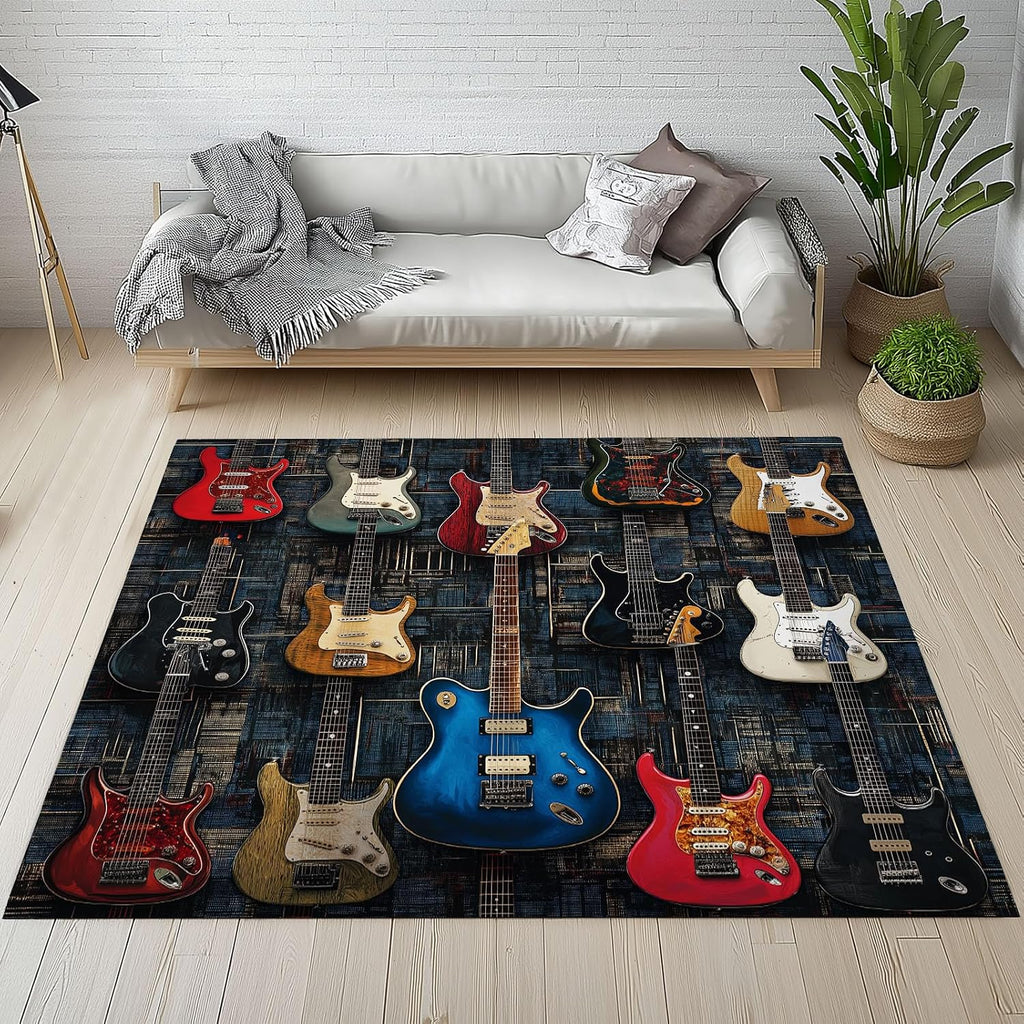 Guitar Musical Instrument Washable Area Carpet 5x6ft Black Living Room Rugs Non-Slip Rugs Bedroom Rug Decorative Carpet, for Dining Room Dormitory Washable Rug