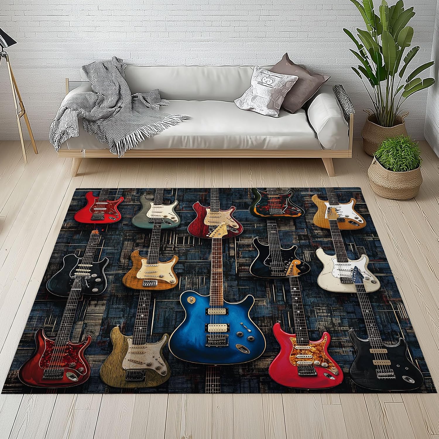 Guitar Musical Instrument Washable Area Carpet 5x6ft Black Living Room Rugs Non-Slip Rugs Bedroom Rug Decorative Carpet, for Dining Room Dormitory Washable Rug