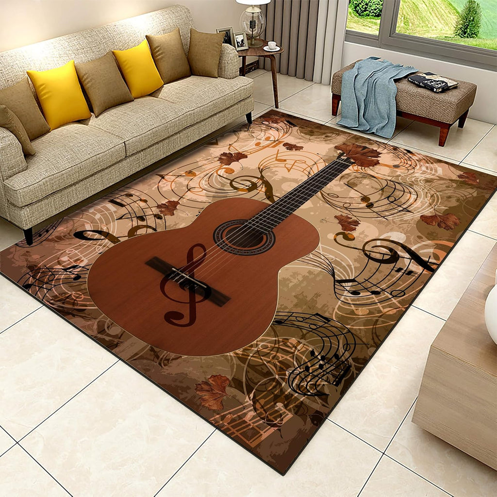 Wooden Guitar Area Rug, 6x8ft, Retro Music Decor Indoor Carpet, Musical Melody Music Notes Non-Slip Throw Rugs, Durable Absorbent Fade Resistant Absorbent Carpets for Sofa Floor