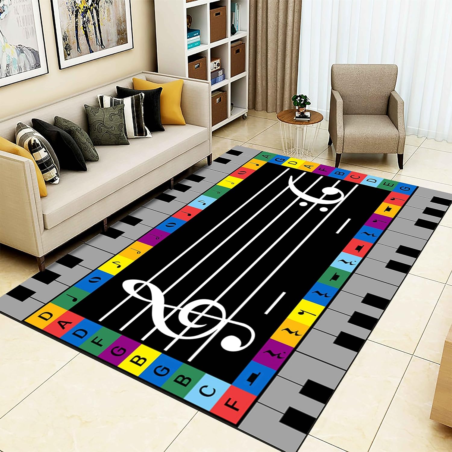 Piano Staff Area Rug,5x8ft, for Kids, Colorful Musical Notation Alphabet Children's Carpet, with Non-Slip Backing Low Pile Rug, Soft Non-Shedding Non-Slip Rug for Boys Girls Teen