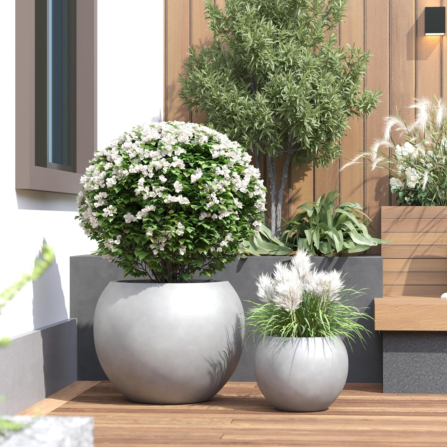 DTY Premium Mt Sherman Fiberstone Sphere Planter for Indoor Outdoor Use, Round Pot for Olive Tree, Lightweight, Smooth Finishes. 2 Extra Coco Mats. Gray, Large 21.1'' D x 16.7'' H. 14.6' Pot Opening