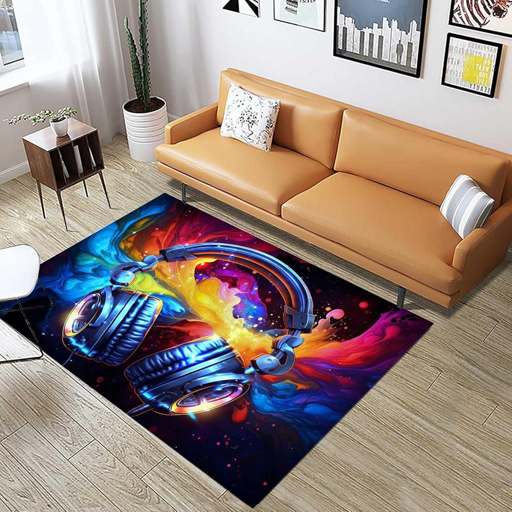 Game Area Rug, 6x8ft, Music Headphone Rug Colorful Graffiti Cool Throw Rugs 3D Indoor Large Rugs, Non-Slip Machine Washable Carpet Door Mats for Living Room Bedroom Apartment Dorm