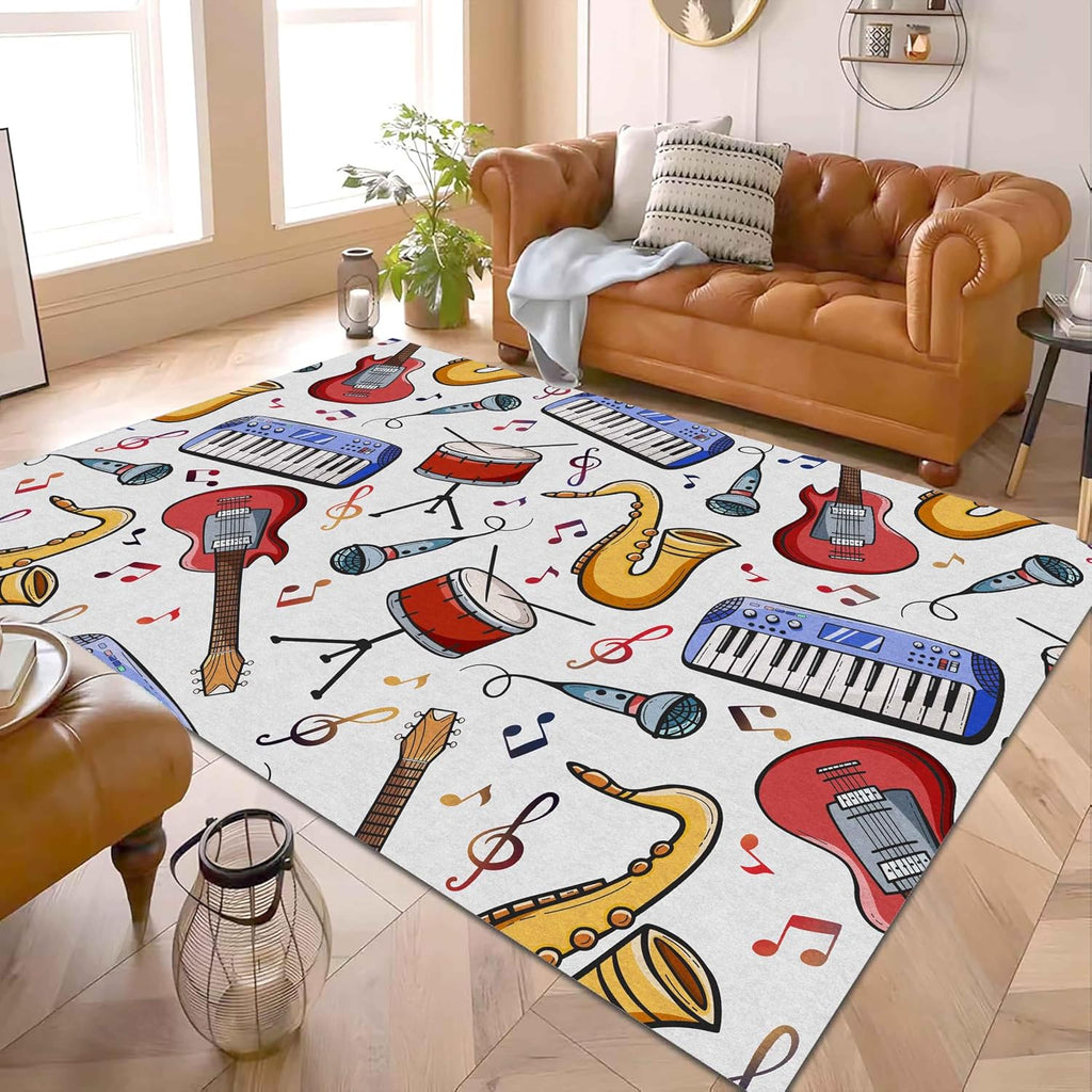UNREASTO Children's Guitar Area Rug, 6x8ft, Cartoon Instrument Drum Microphone Saxophone Pattern Living Room Rug Mat, Music Note Non-Slip Washable Rugs for Playroom Bedroom Children's Room