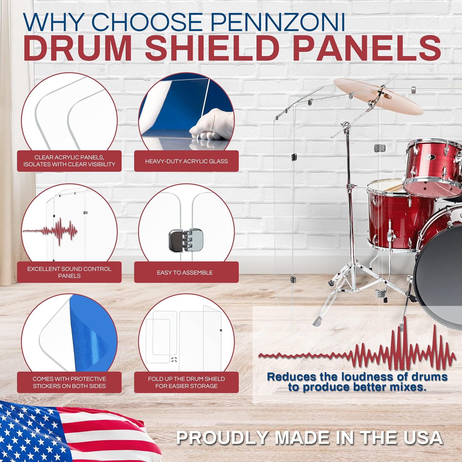 PENNZONI Drum Shield 4ft w/Deflectors & Chrome Hinges, Comes w/ 6 Drum Panels, 6 Deflectors, Chrome Hinges & Deflectors Connectors, Premium Clear Acrylic Panels