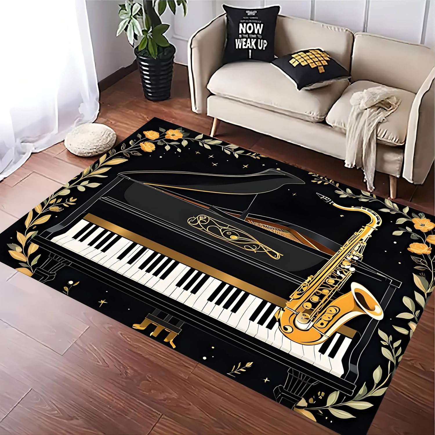 Gold Area Rug，6x8ft Simple Black and White Piano Floral Border Design, Stylish Modern Saxophone Instrument Print Pattern Carpet,Music Theme Extra Soft Rugs for Living Room Washable Area Rug