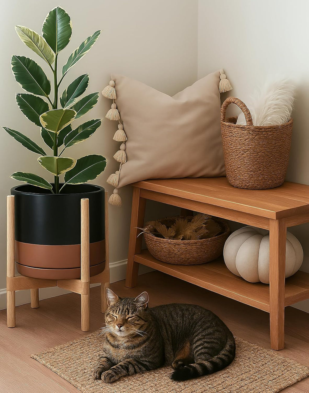 D'vine Dev Ceramic Planter with Natural Stand - 12 Inch Modern Round Flower Pot with Wood Planter Holder, Black/Speckled Tan, 55-B-J-7
