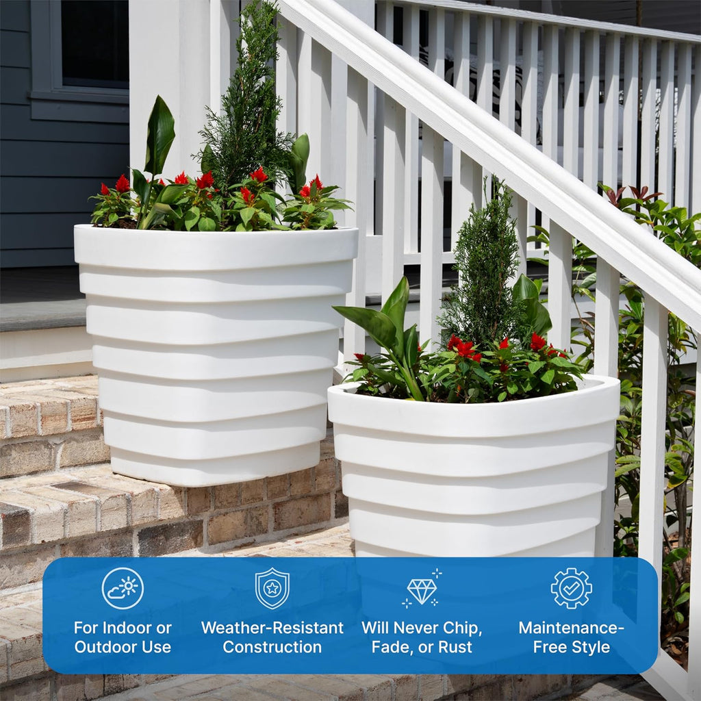 Step2 Wave 20x24 Planter, Large Planters for Outdoor Plants, Gardening and Flower Pot for Patio or Porch, Efficient Drainage, Durable Plastic, White, 2-Pack