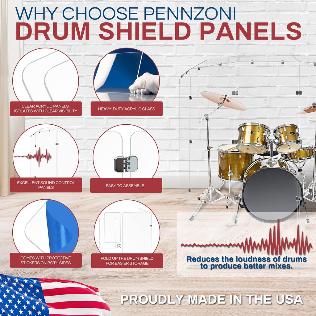 PENNZONI Drum Shield 6ft w/Deflectors & Chrome Hinges, Comes w/ 4 Drum Panels, 4 Deflectors, Chrome Hinges & Deflector Connectors, Premium Clear Acrylic Panels