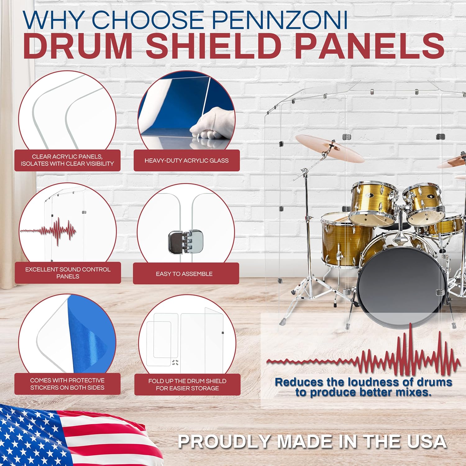 PENNZONI Drum Shield 6ft w/Deflectors & Chrome Hinges, Comes w/ 4 Drum Panels, 4 Deflectors, Chrome Hinges & Deflector Connectors, Premium Clear Acrylic Panels