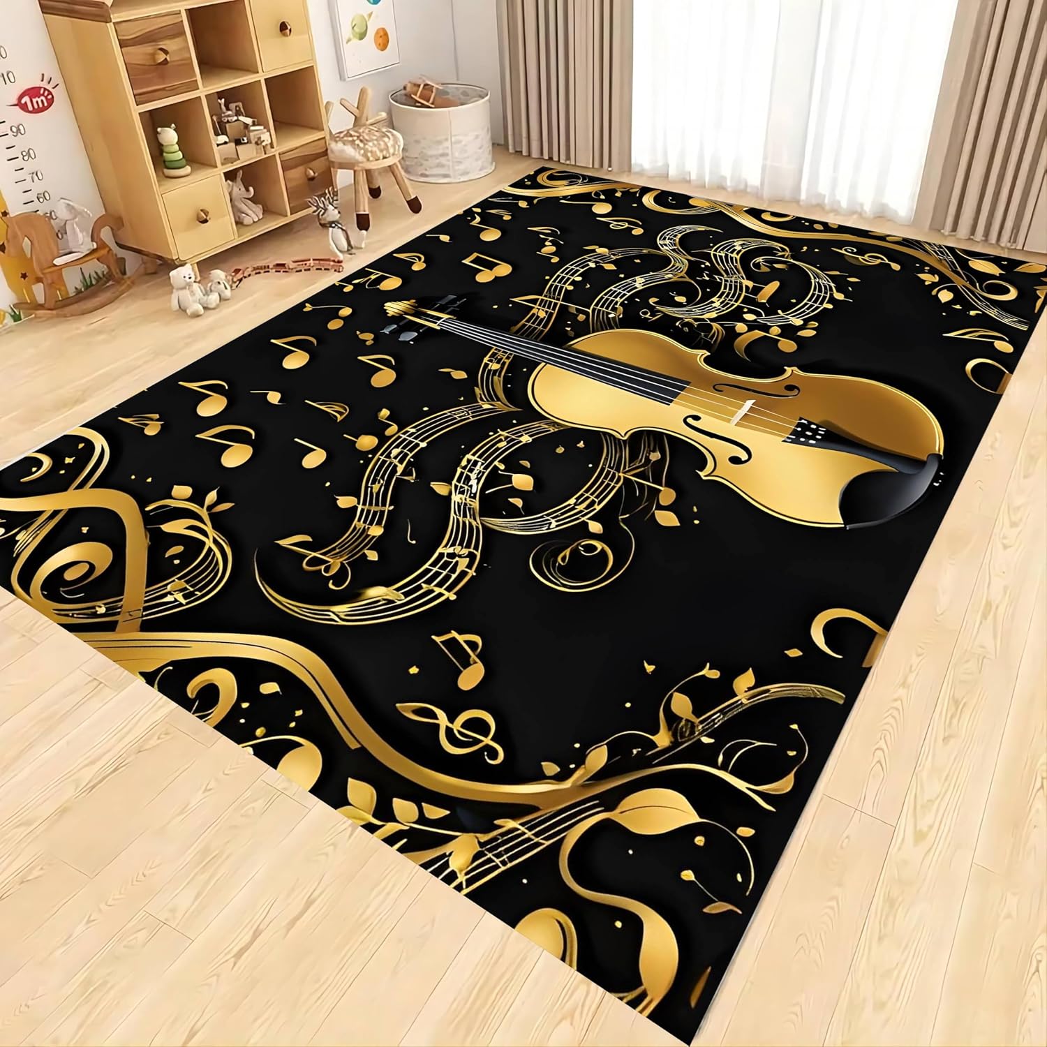 Musical Notes Area Rug, 6x8ft Gold Musical Notes Sheet Music Living Room Decorative Rug, Soft Violin Pattern Non-Slip Rubber Backing Low Pile Durable Rug，Washable No Shedding Office Rug