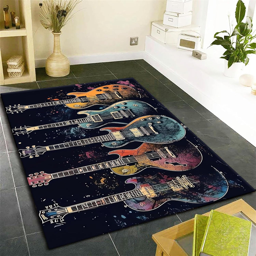 Guitar Print Living Room Carpet, 6x8ft, Watercolor Guitar Bass Kids Rugs, Durable Breathable Home Decorative Rugs, Low Pile Soft No Crease Washable Area Rug for Living Room Runner