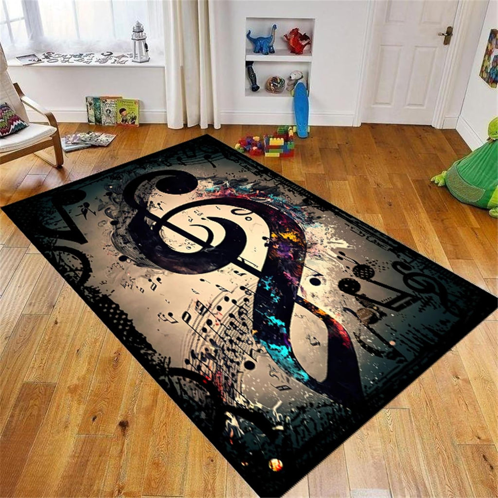 Retro Musical Note Area Rug, 6x8ft, Black, Suitable for Boys and Girls Room Decoration, Washable Soft Low Pile Rug for Hallway Music Room