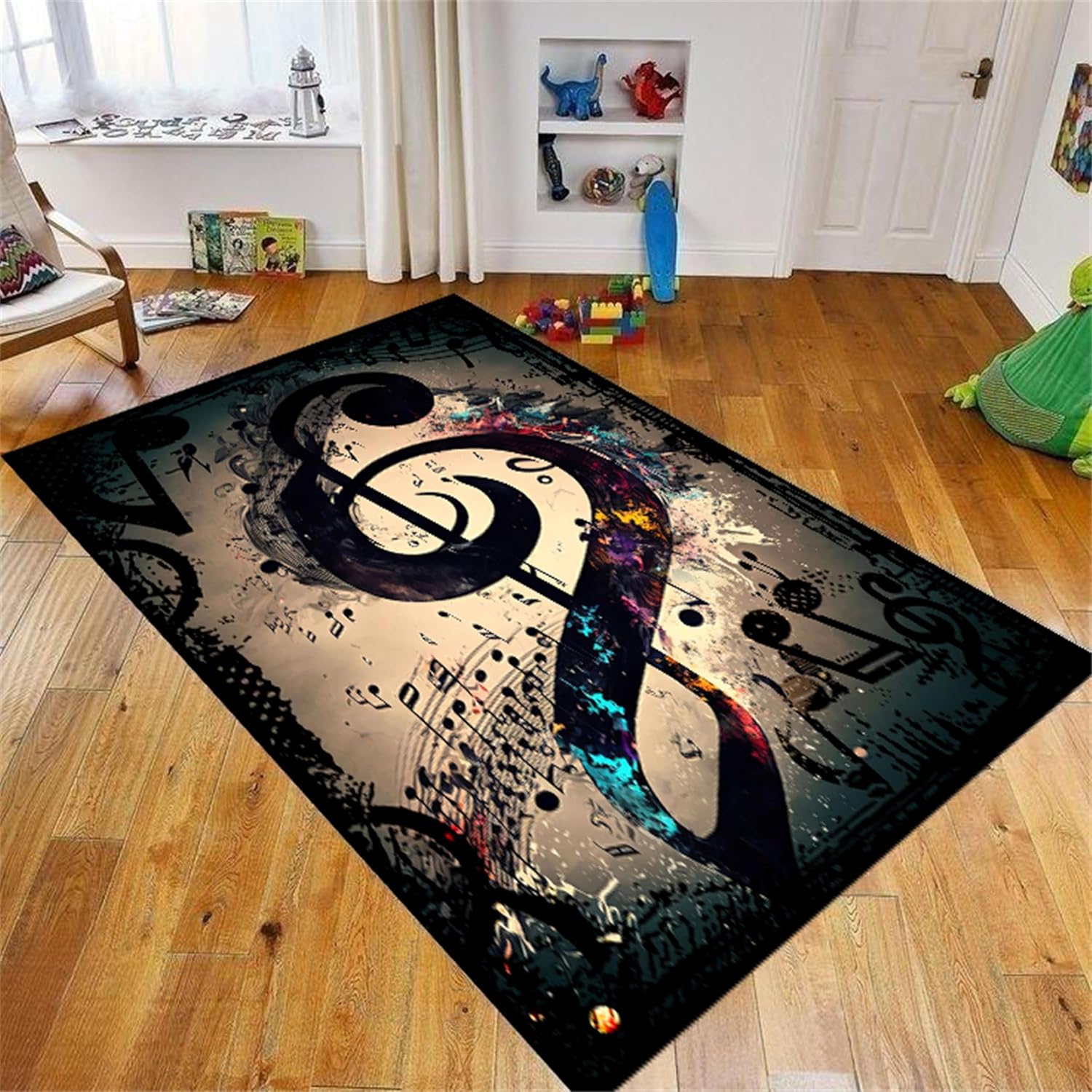 Retro Musical Note Area Rug, 6x8ft, Black, Suitable for Boys and Girls Room Decoration, Washable Soft Low Pile Rug for Hallway Music Room
