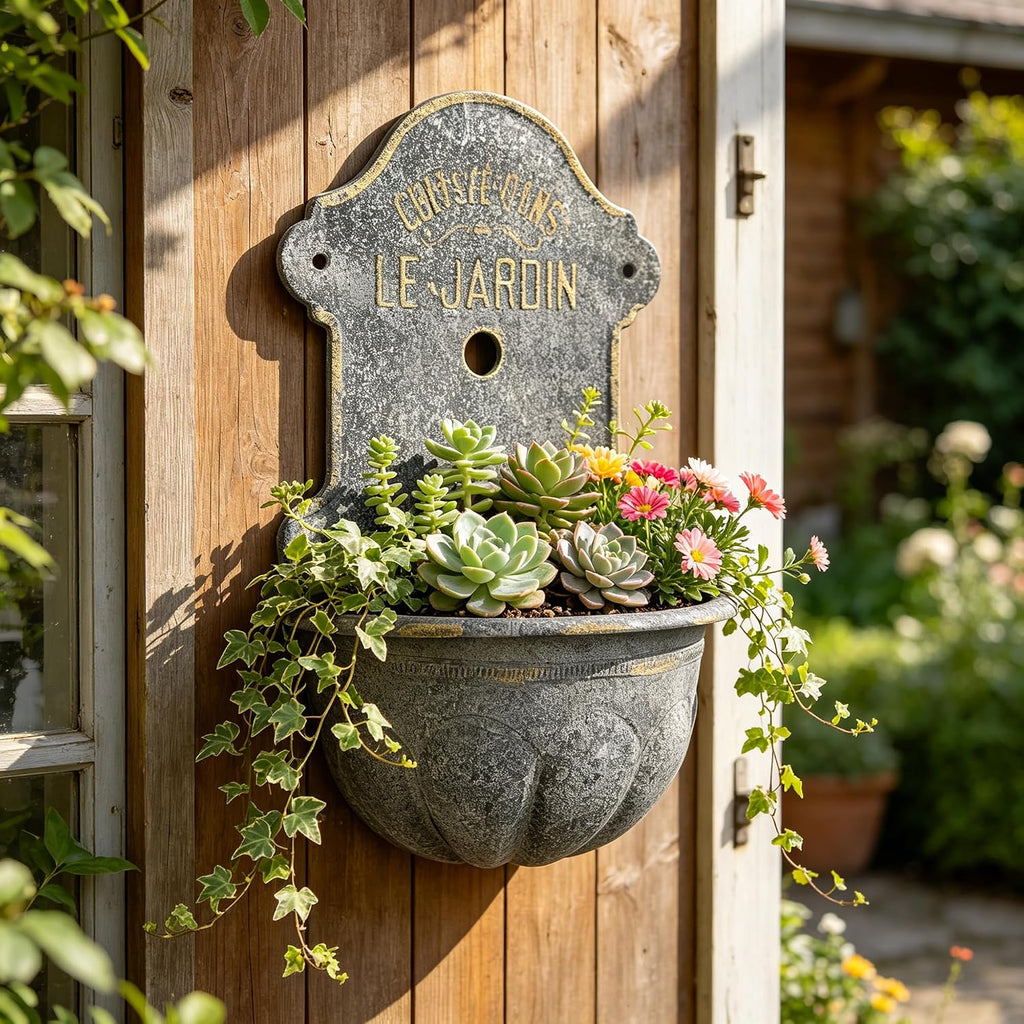 Large French Country Wall Planter, 27.95' H x 18.11' W Vintage Metal Le Jardin Wall Mounted Flower Pot, Rustic Farmhouse Vertical Garden Planter for Indoor Outdoor Patio, Living Room, Balcony Decor