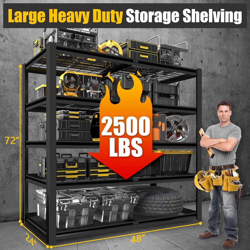 PrimeZone 72' H Heavy Duty Garage Shelving 2500 LBS 5 Tier Heavy Duty Storage Shelves Adjustable Industrial Metal Wire Shelf Unit for Garage,Basement,Pantry,Warehouse,Commercial,48' W X 24' D X 72' H