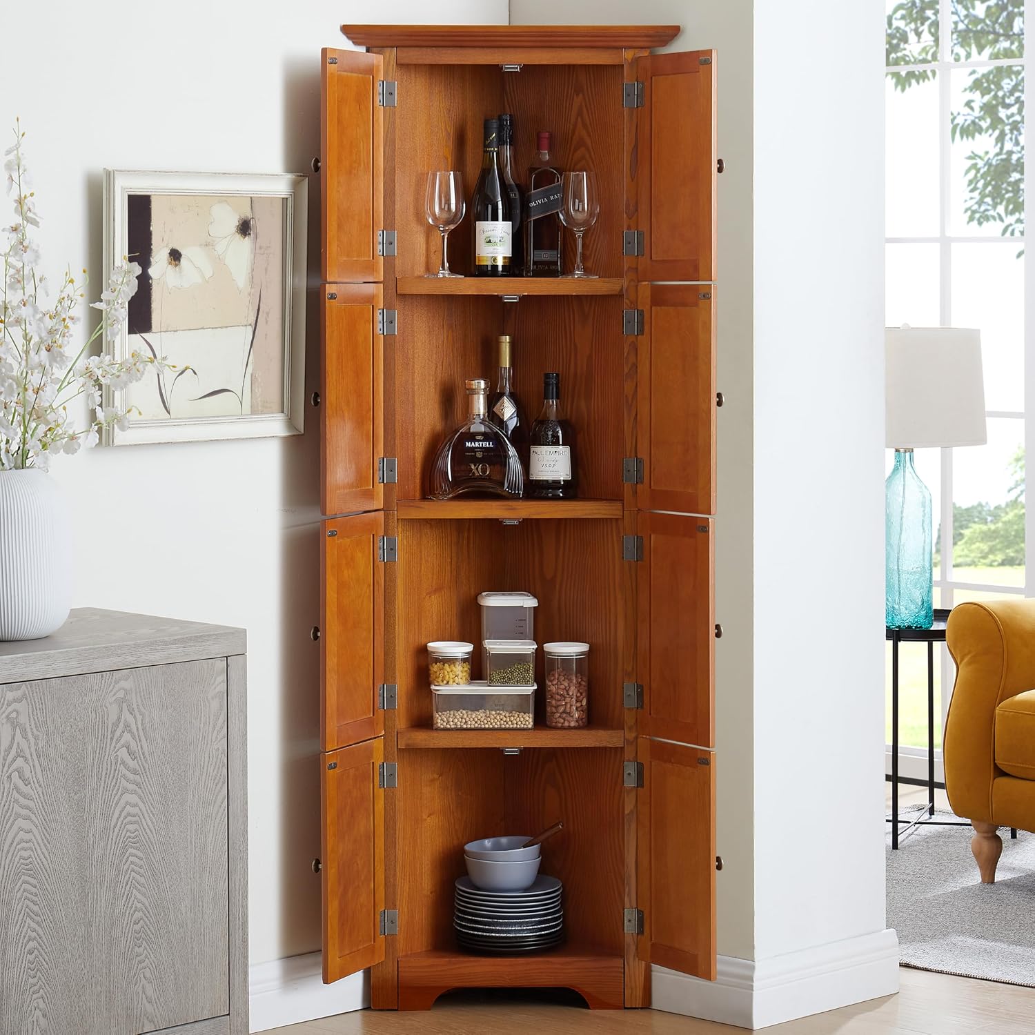 72' Sturdy Freestanding Storage Cabinet, Kitchen Storage Bakers Rack with Tiered Shelves, Utility Food Cupboard with Spacious Doors for Kitchen, Bathroom, Living Room, Oak