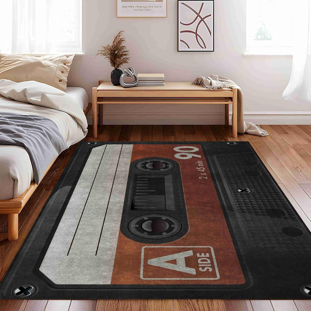 Record Area Rug 6x8ft Music Carpet for Bedroom Living Room Classroom Study Playing Non-Slip Floor Mat Carpets Vintage Shabby Black Rugs Music Room Decor for Men Home Decor