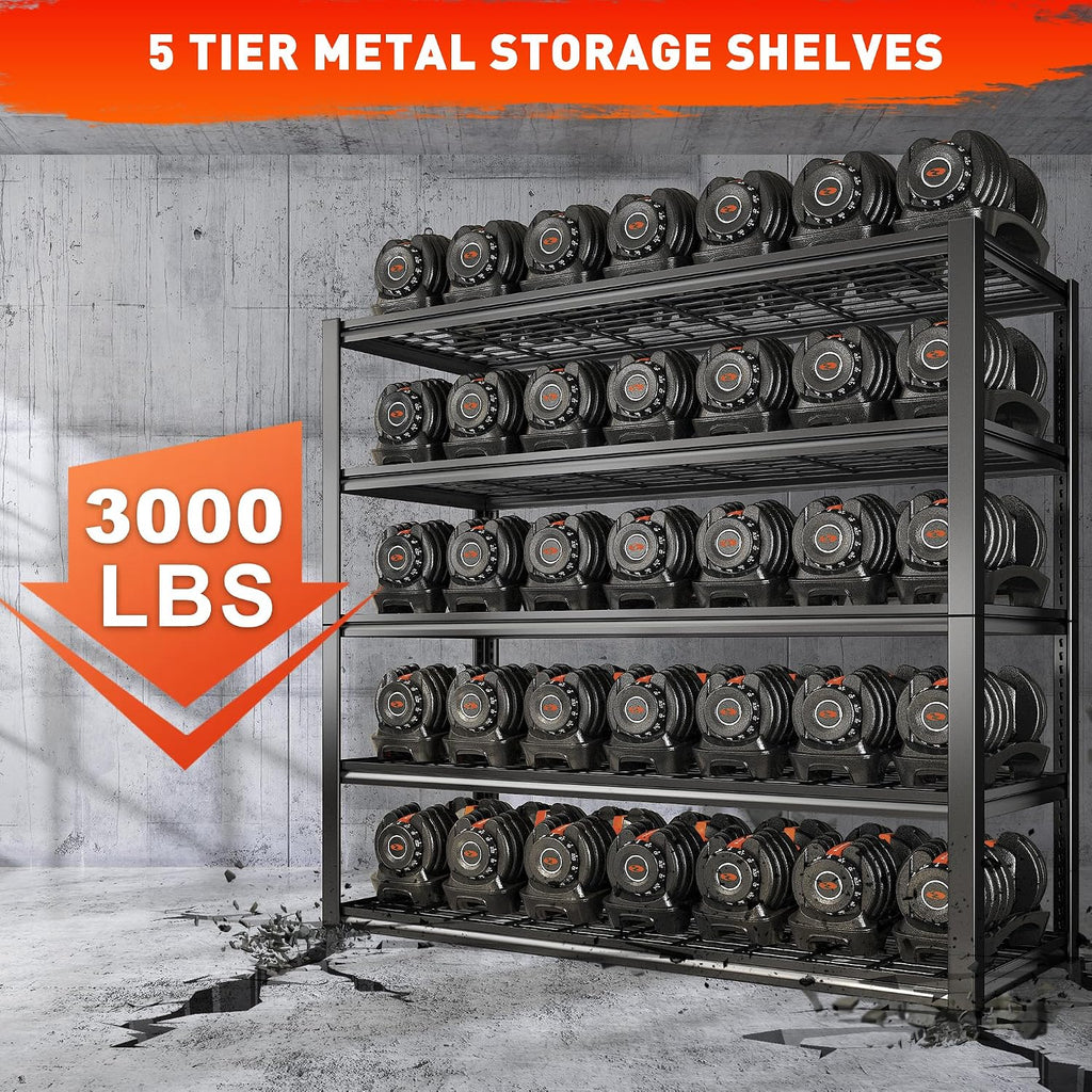 REIBII 48.2''W Garage Shelving Heavy Duty,Metal Shelving 3000LBS Storage Shelves, Adjustable Reinforcing Ribs Wire Mesh,5 Tier Shelf for Basement Pantry Warehouse Supermarket 48.2'W x 24.2'D x 72.2'H