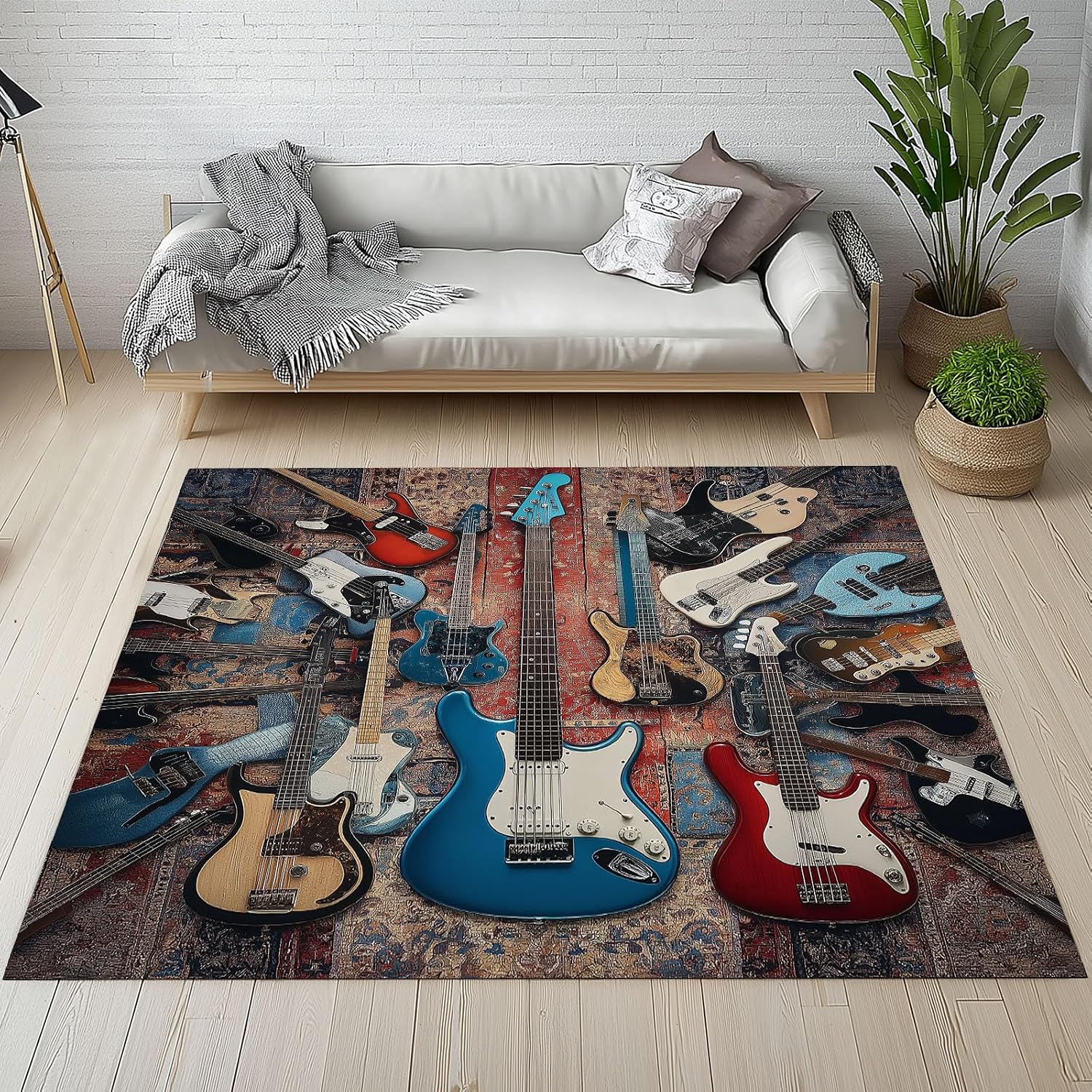 Guitar Art Motif Large Area Rug 6x9ft Abstract Color Blocks Washable Area Rugs for Living Room Navy Blue Bedroom Rug Decorative Carpet, for Dining Room Dormitory Washable Rugs