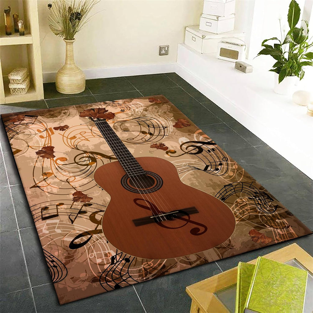 Wooden Guitar Area Rug, 6x8ft, Retro Music Decor Indoor Carpet, Musical Melody Music Notes Non-Slip Throw Rugs, Durable Absorbent Fade Resistant Absorbent Carpets for Sofa Floor