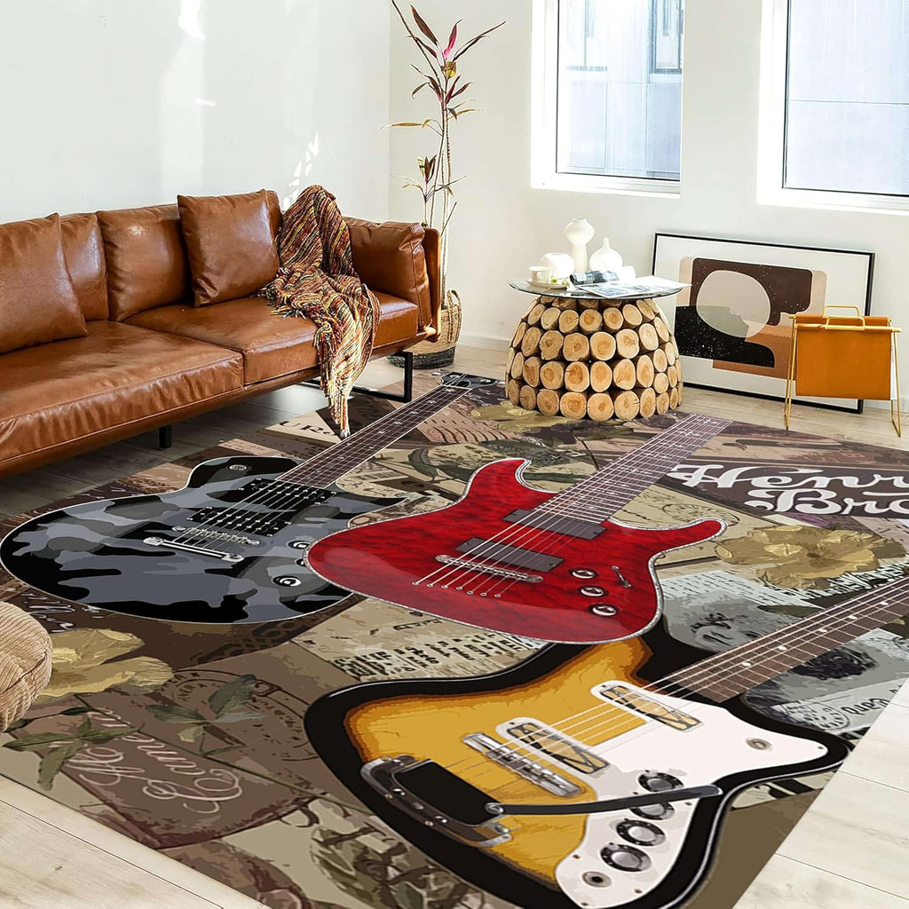 UNREASTO Retro Guitar Area Rug, 6x8ft, Music Instrument Red Gray Brown Rock Electric Guitar Poster Print Washable Rug, Easy to Clean Durable Rug for Living Room Bedroom Dormitory Apartment