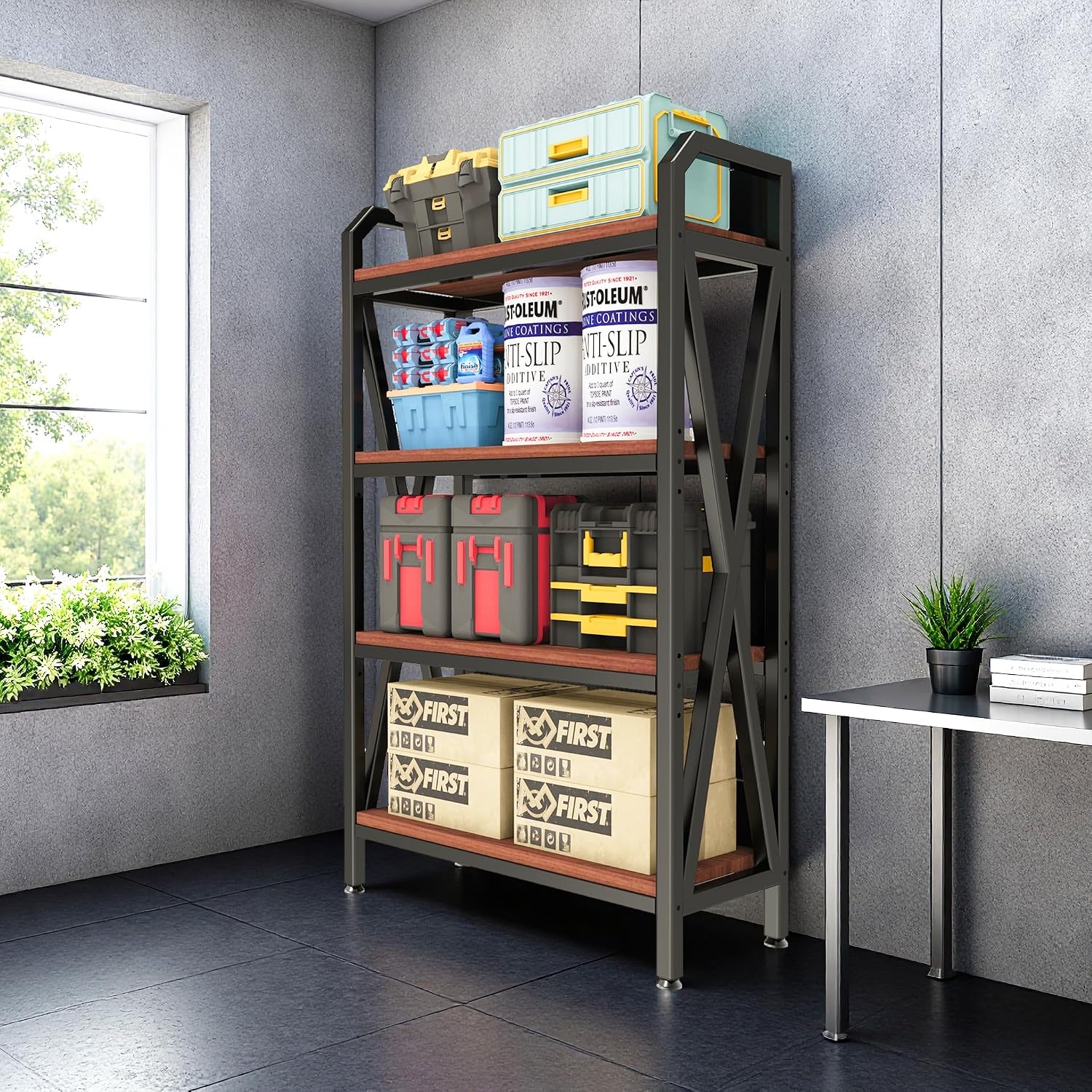 56.30'' Bakers Rack 4 Level Storage Shelves Metal and Wooden Kitchen Shelves, Kitchen Organizers and Storage, for Garage, Bathroom, Closet,33.50'' Length