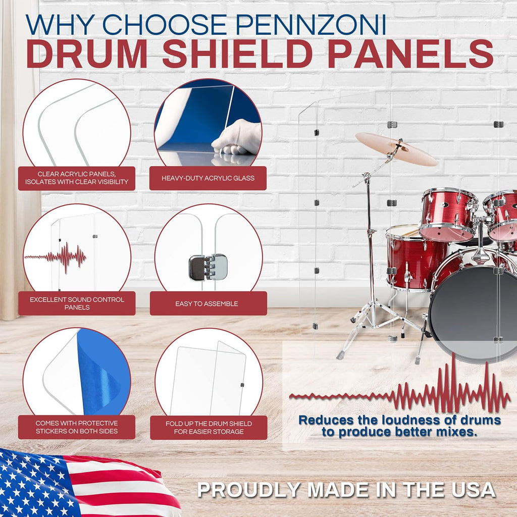 PENNZONI Drum Shield 6ft w/Chrome Hinges, Comes w/ 7 Drum Panels, & Chrome Hinges, Premium Clear Acrylic Panels, Drum Screen
