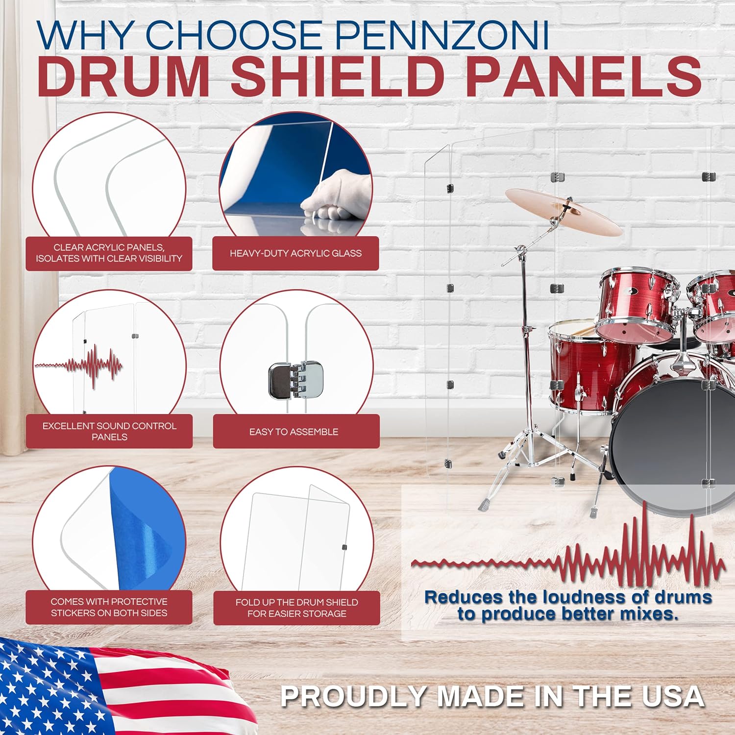 PENNZONI Drum Shield 6ft w/Chrome Hinges, Comes w/ 7 Drum Panels, & Chrome Hinges, Premium Clear Acrylic Panels, Drum Screen