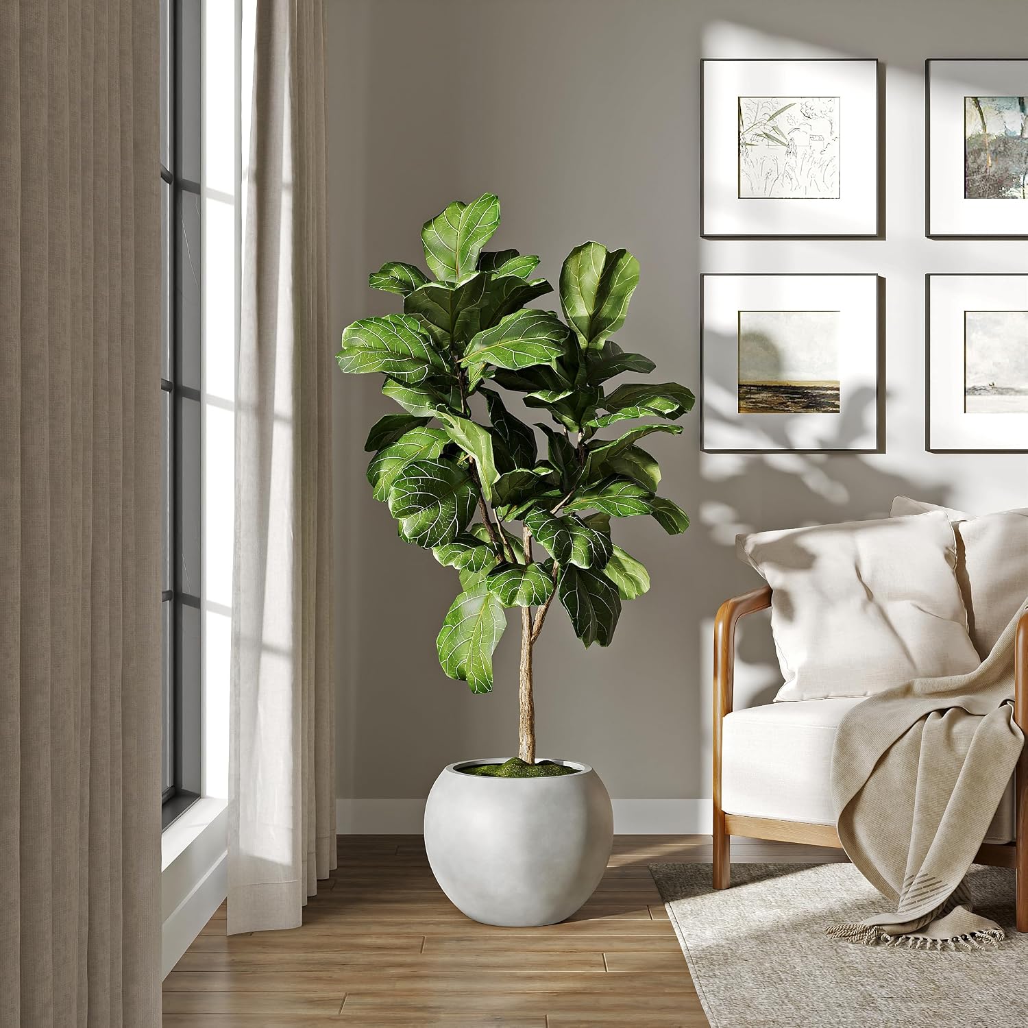 DTY Premium Mt Sherman Fiberstone Sphere Planter for Indoor Outdoor Use, Round Pot for Olive Tree, Lightweight, Smooth Finishes. 2 Extra Coco Mats. Gray, Large 21.1'' D x 16.7'' H. 14.6' Pot Opening