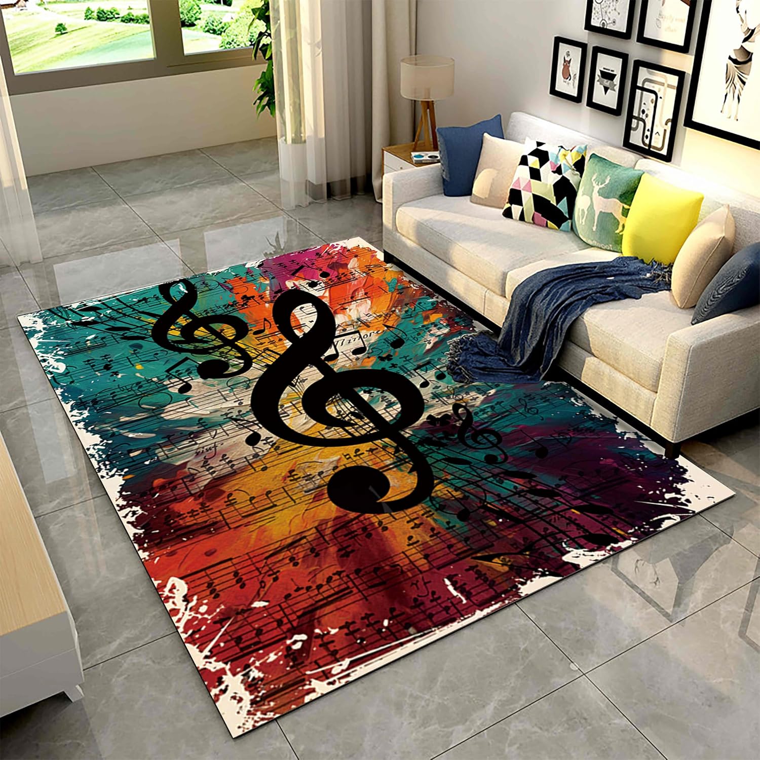 Retro Musical Note Rugs for Indoors, 6x8ft, Colorful Oil Painting Musical Score Melody Living Room Rugs, Low Pile Absorbent Washable High Traffic Carpets for Entrance Living Room